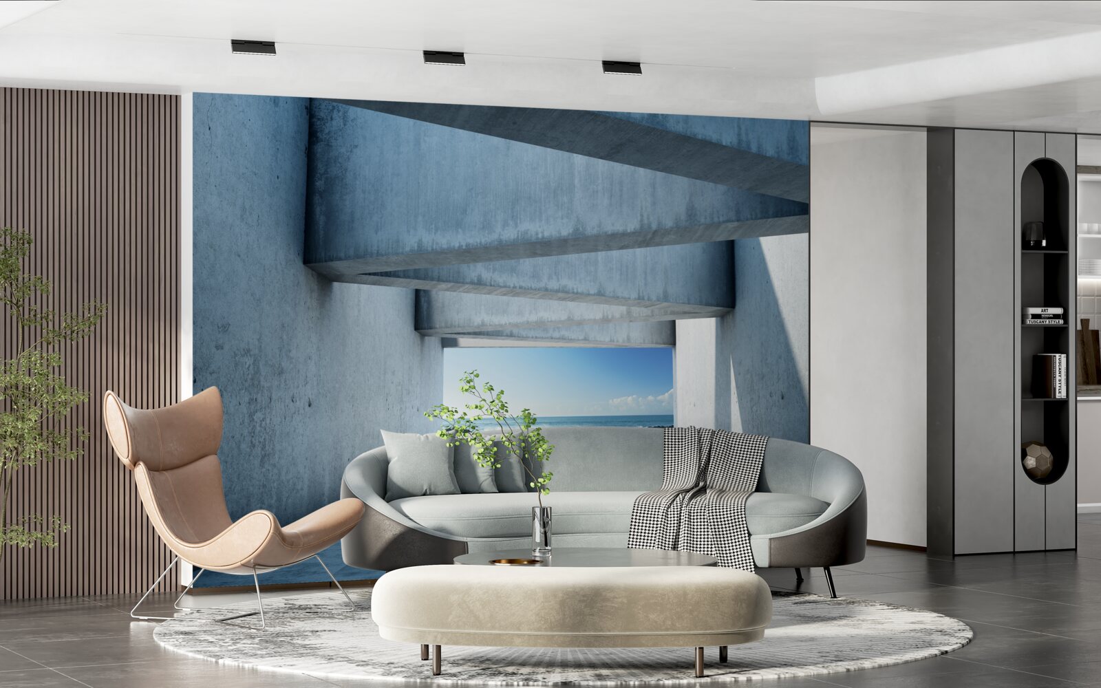 Fototapet tunel cu podea formată din stâlpi de beton