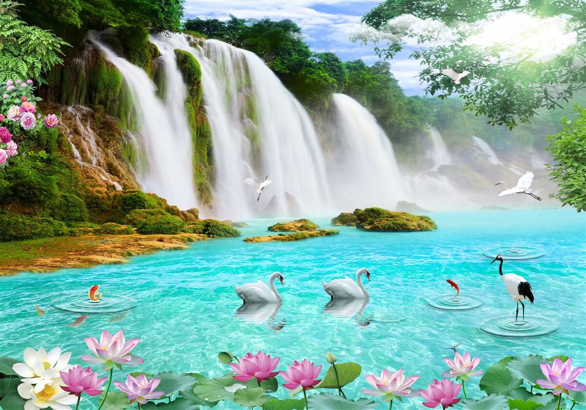 Fototapet apa de la cascada Lebăda este albastră ca cristalul