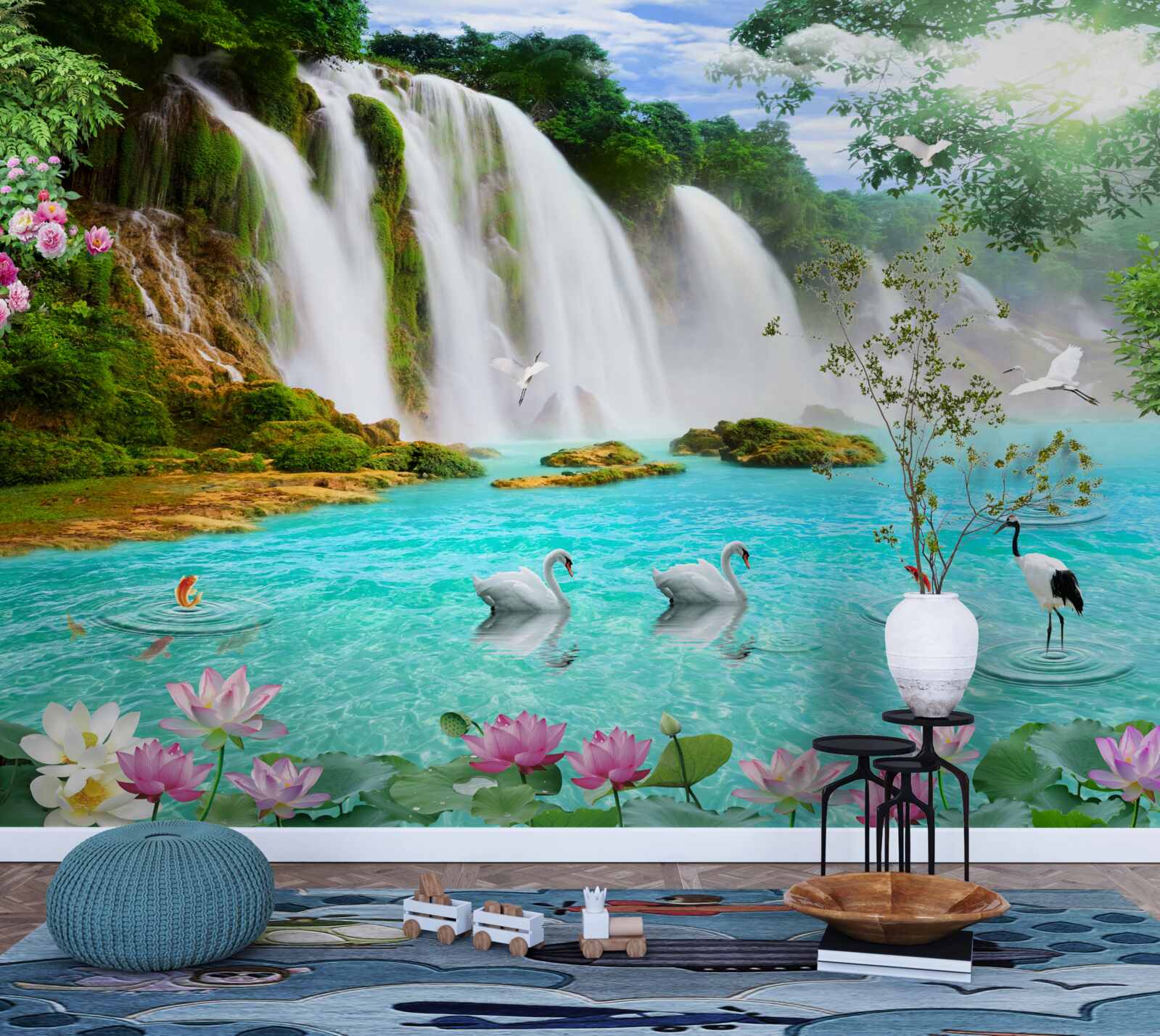 Fototapet apa de la cascada Lebăda este albastră ca cristalul