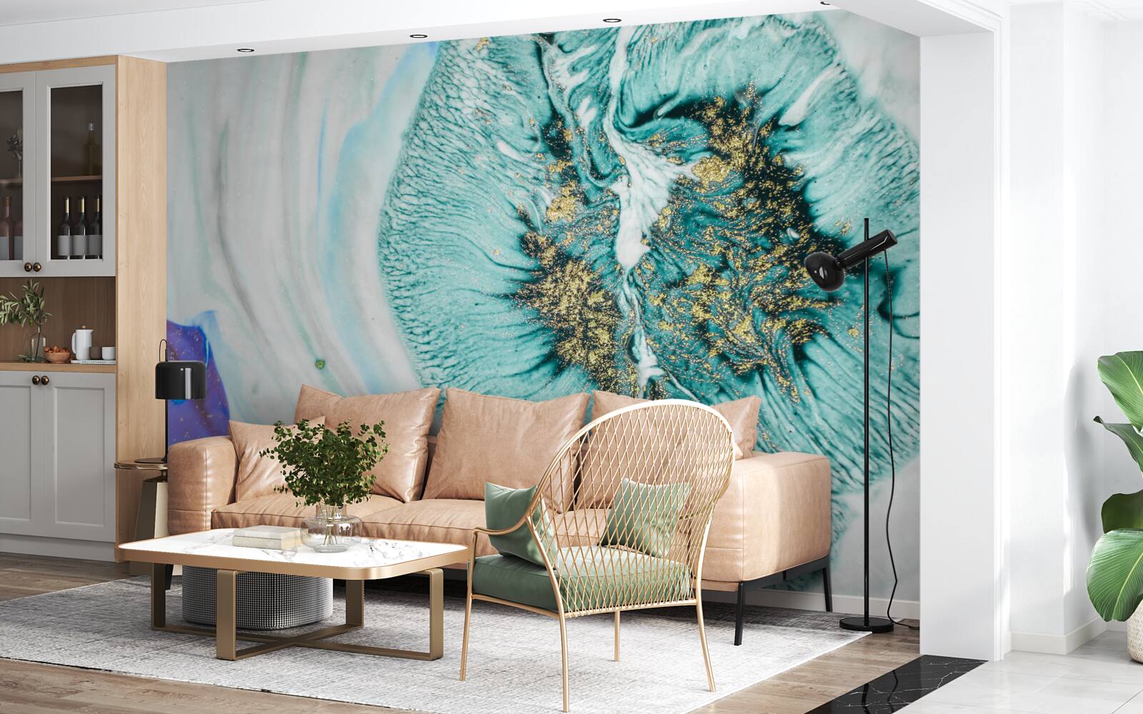 Fototapet floare abstractă în nuanțe de albastru pe o suprafață de marmură