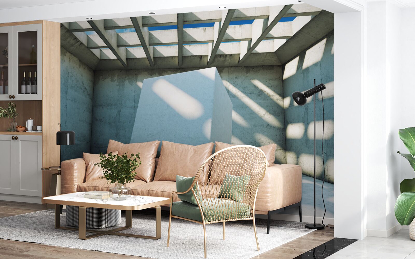 Fototapet cub 3d plutind într-o cameră luminată