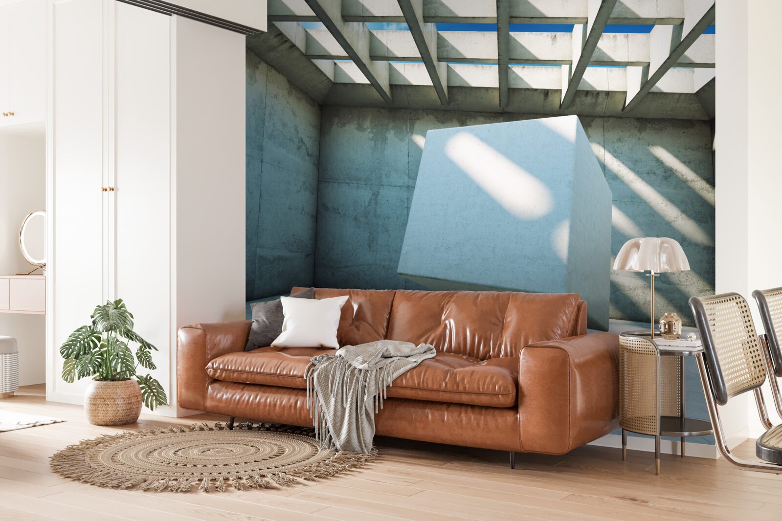 Fototapet cub 3d plutind într-o cameră luminată