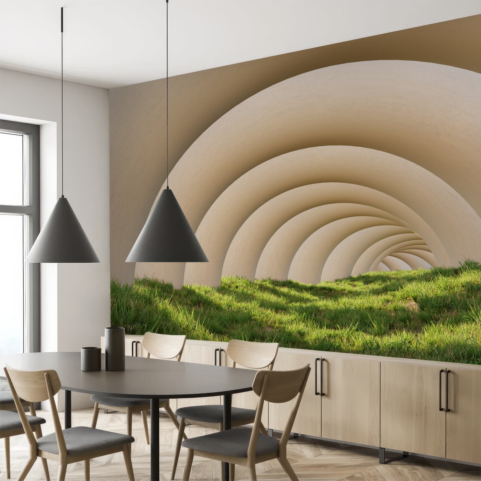 Fototapet iarbă verde sub liniile curbe ale arcurilor largi