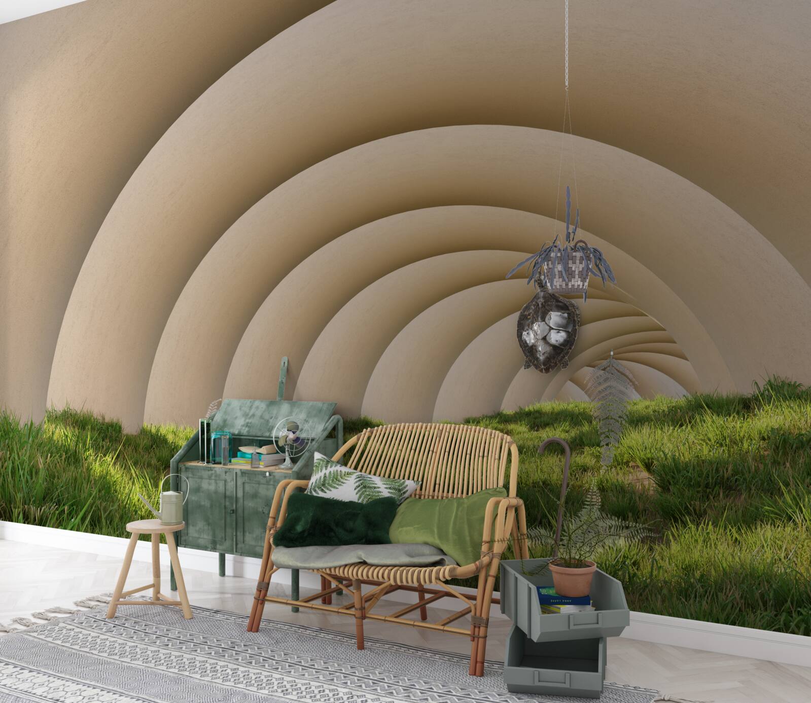 Fototapet iarbă verde sub liniile curbe ale arcurilor largi