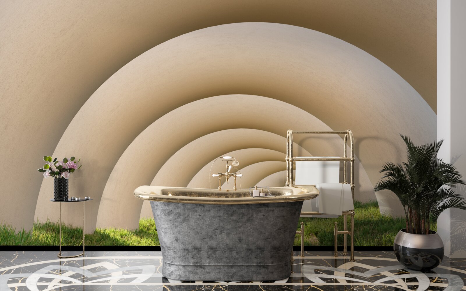 Fototapet iarbă verde sub liniile curbe ale arcurilor largi