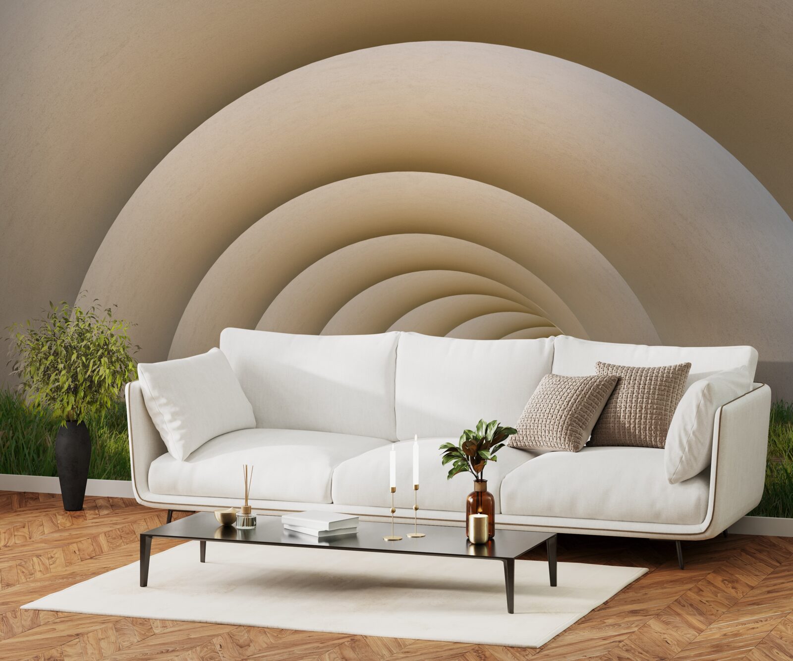 Fototapet iarbă verde sub liniile curbe ale arcurilor largi