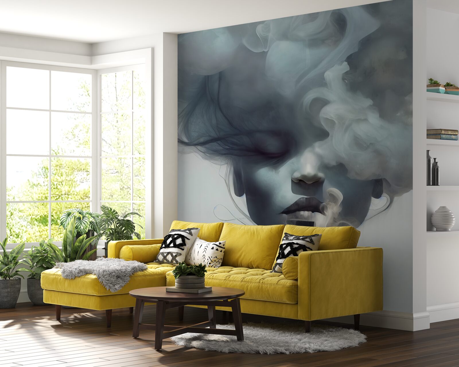 Fototapet femeie în ceața gri