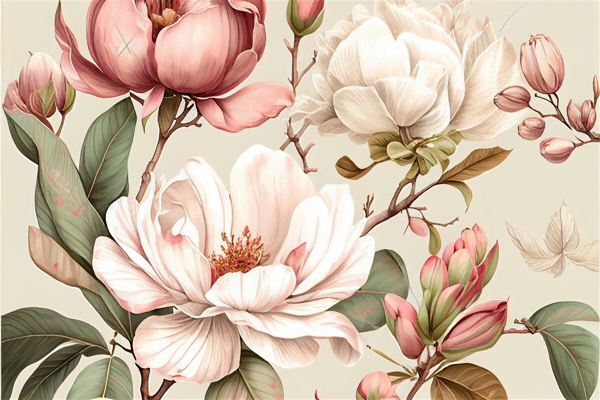 Fototapet magnolii în nuanțe de roșu și alb pe ramuri