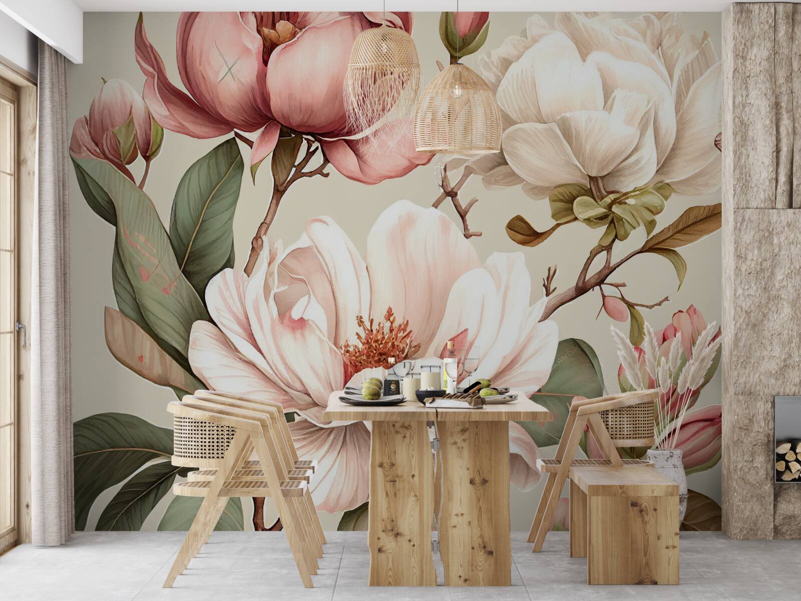 Fototapet magnolii în nuanțe de roșu și alb pe ramuri