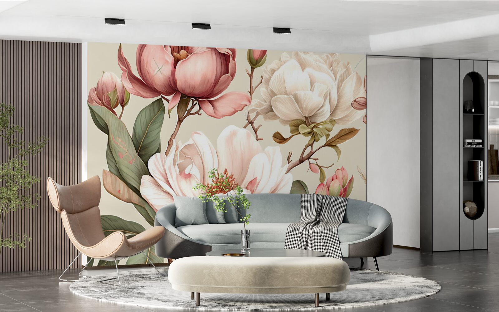 Fototapet magnolii în nuanțe de roșu și alb pe ramuri