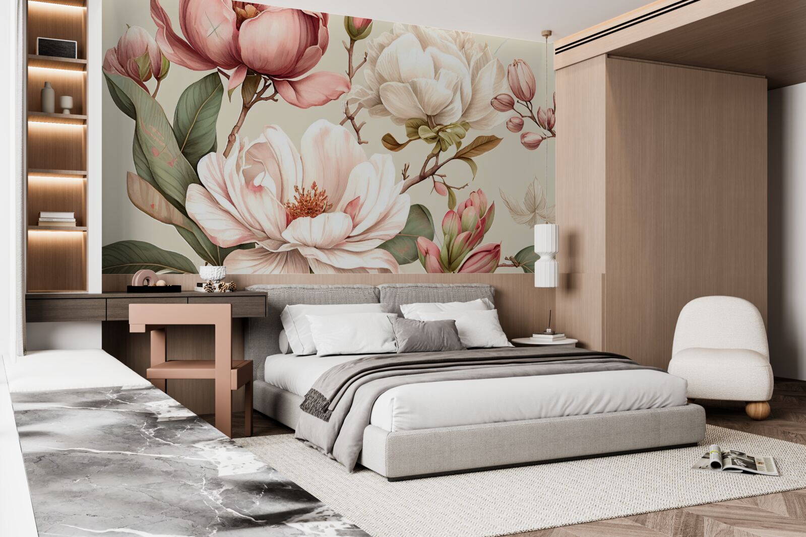 Fototapet magnolii în nuanțe de roșu și alb pe ramuri