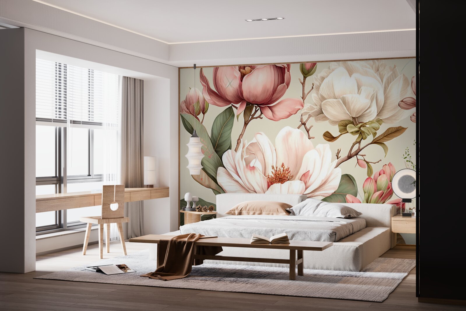 Fototapet magnolii în nuanțe de roșu și alb pe ramuri