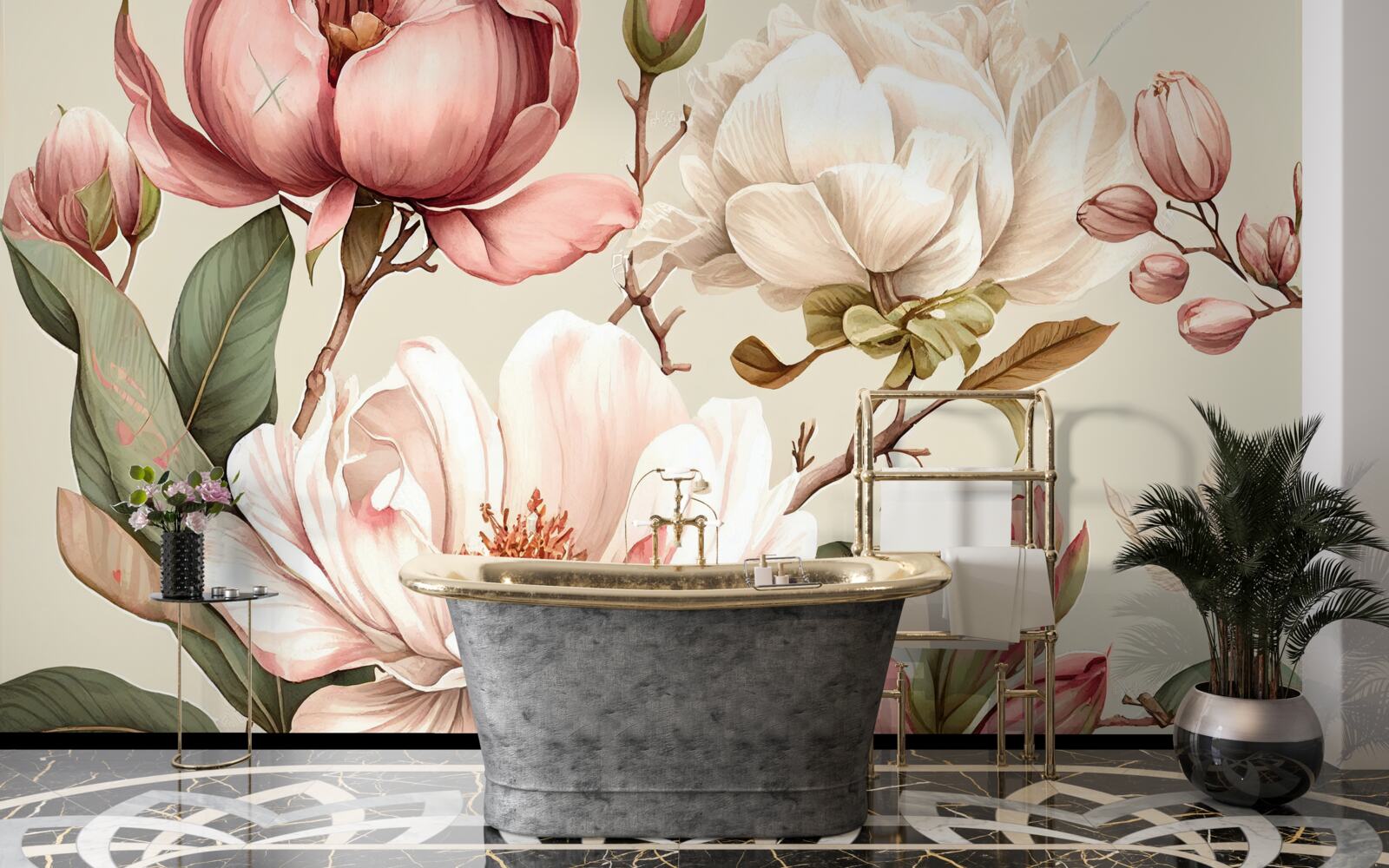 Fototapet magnolii în nuanțe de roșu și alb pe ramuri