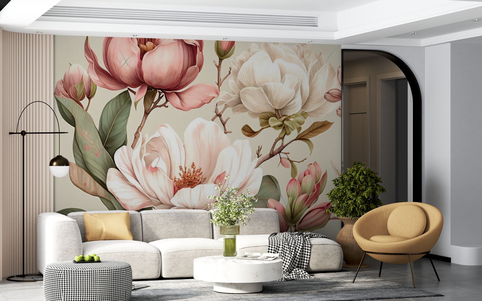 Fototapet magnolii în nuanțe de roșu și alb pe ramuri