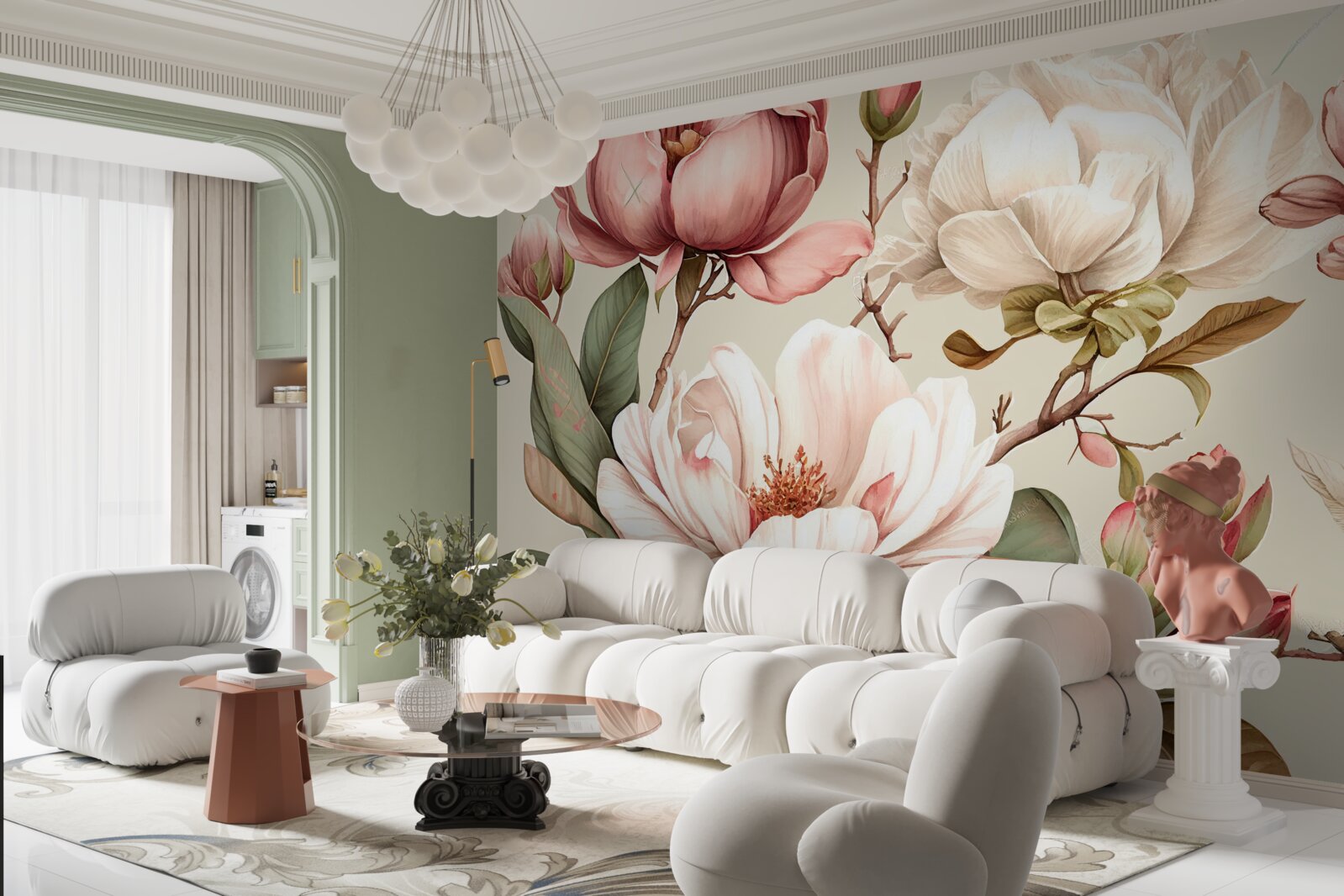 Fototapet magnolii în nuanțe de roșu și alb pe ramuri