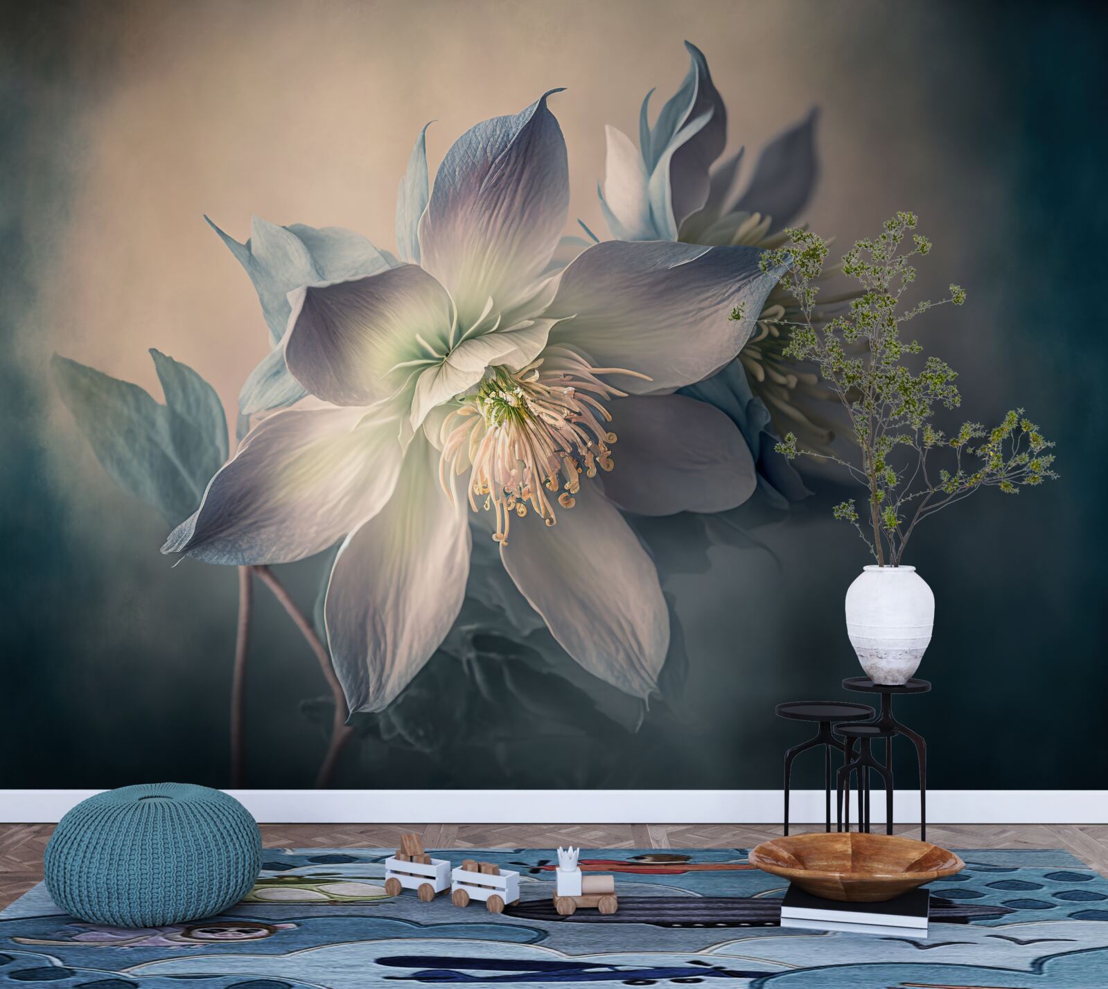 Fototapet mugur moale în nuanțe de alb și albastru