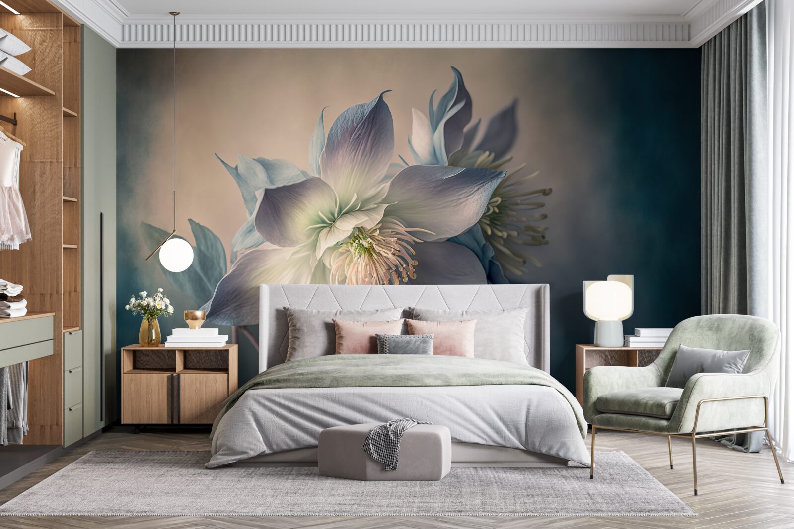 Fototapet mugur moale în nuanțe de alb și albastru