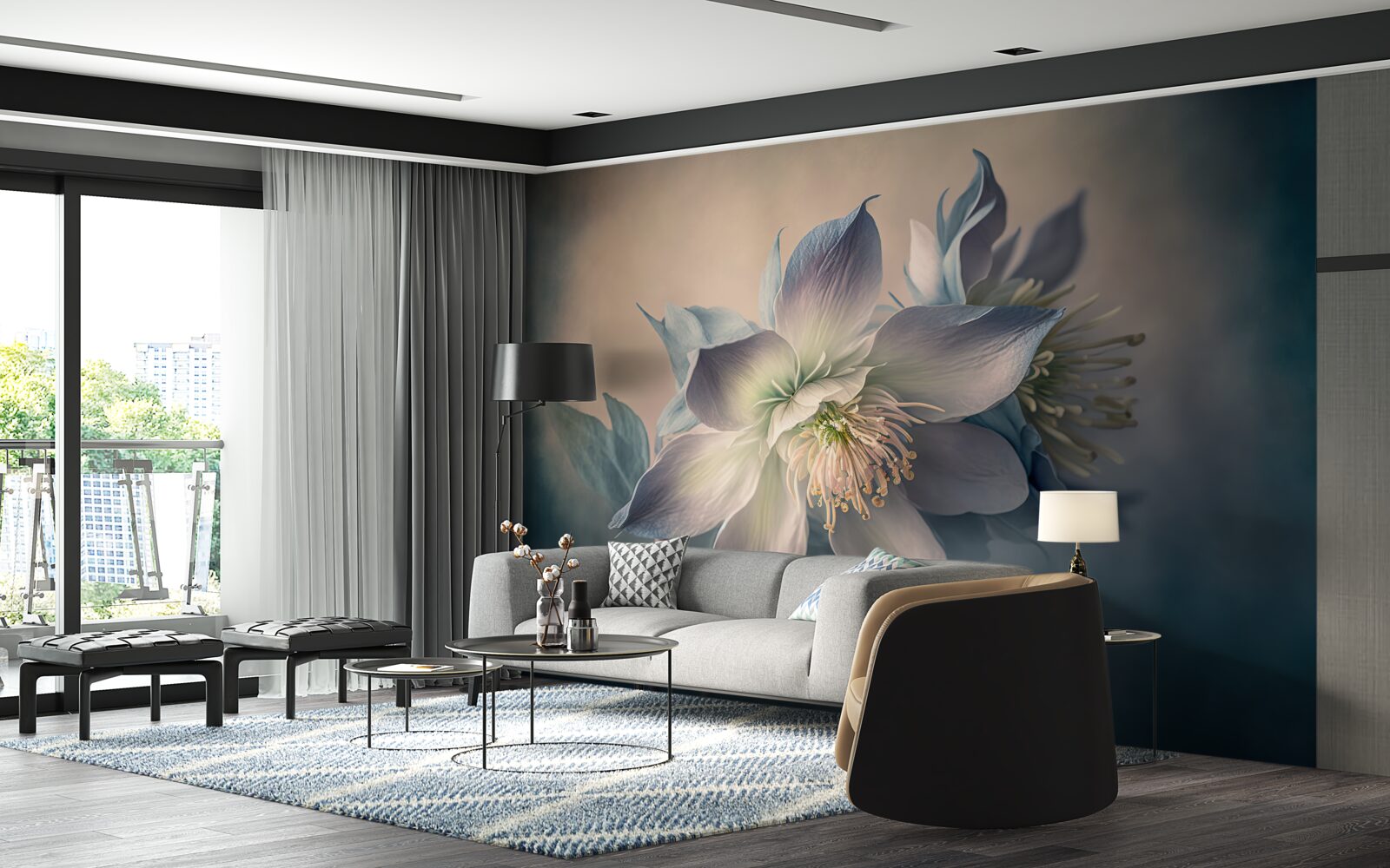 Fototapet mugur moale în nuanțe de alb și albastru