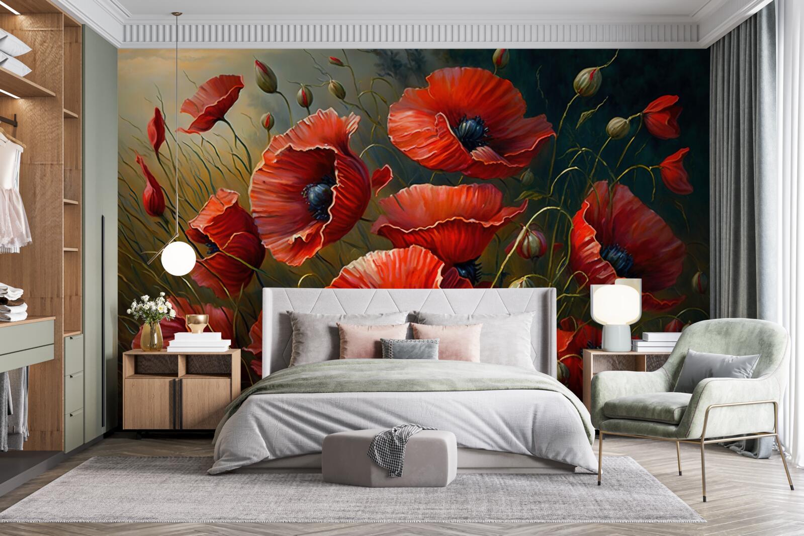 Fototapet în timpul unei furtuni, o plantație de maci strălucitori