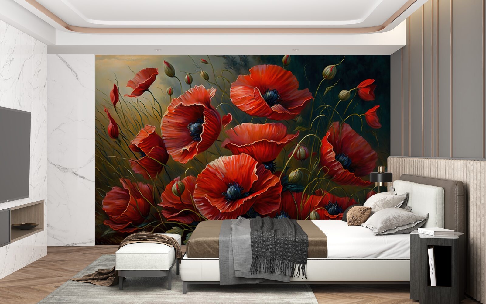 Fototapet în timpul unei furtuni, o plantație de maci strălucitori