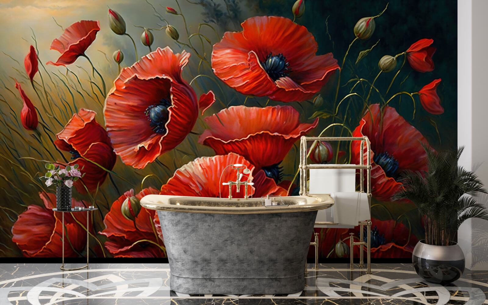 Fototapet în timpul unei furtuni, o plantație de maci strălucitori