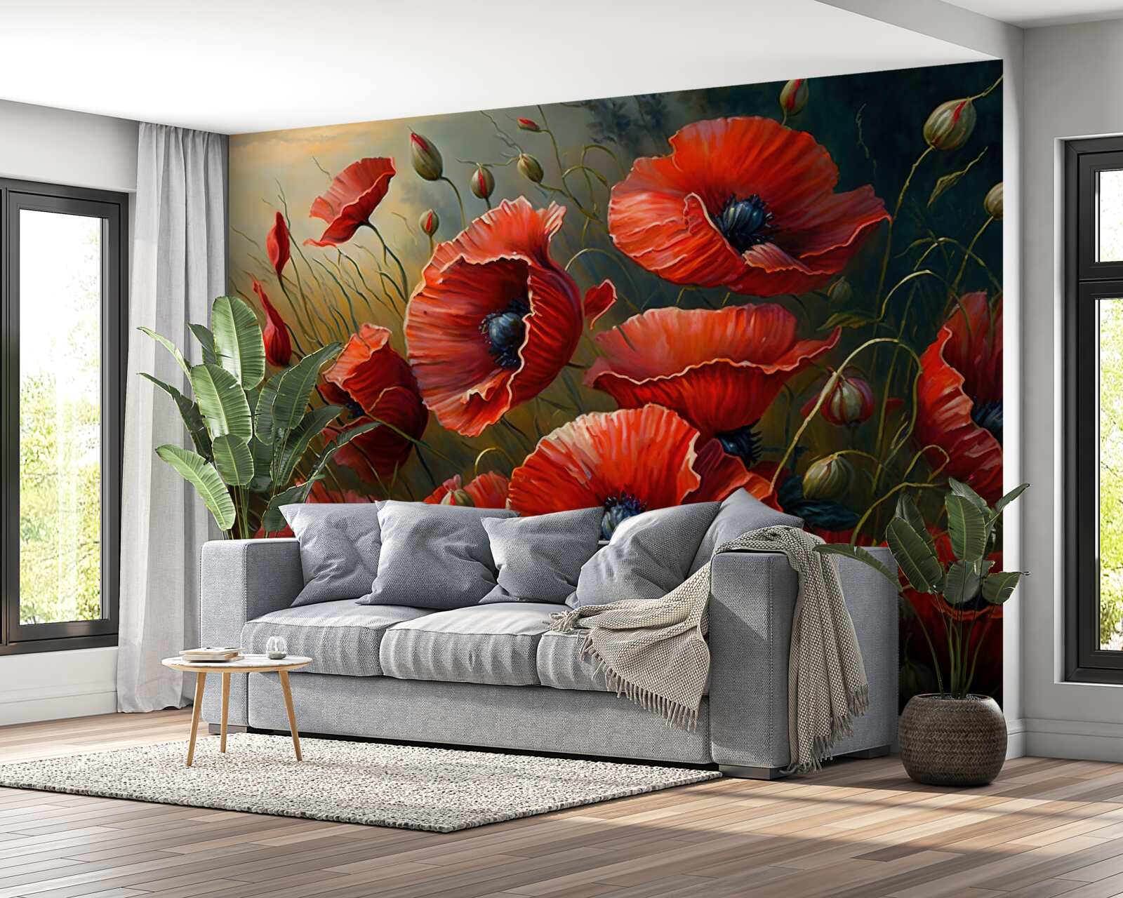 Fototapet în timpul unei furtuni, o plantație de maci strălucitori