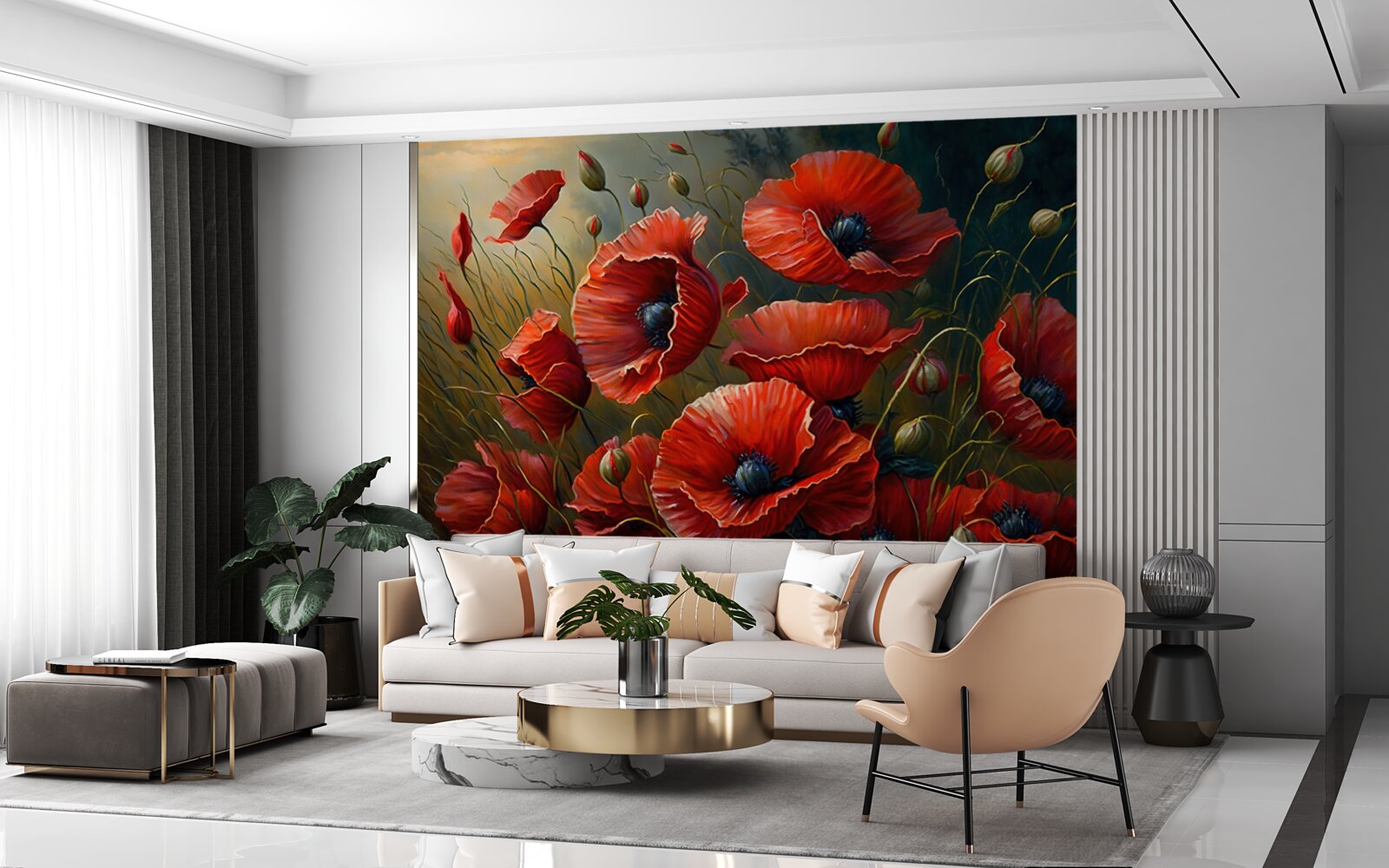 Fototapet în timpul unei furtuni, o plantație de maci strălucitori