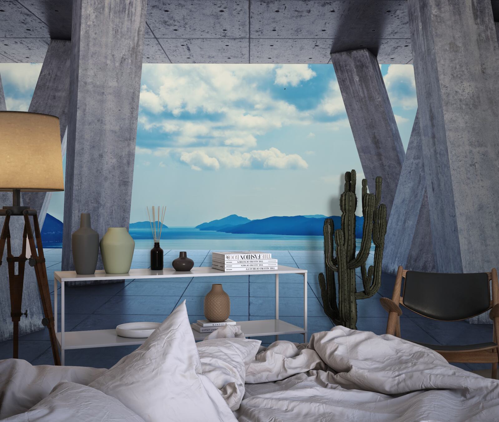 Fototapet Arce din beton, care deschid o panoramă de munți și cer