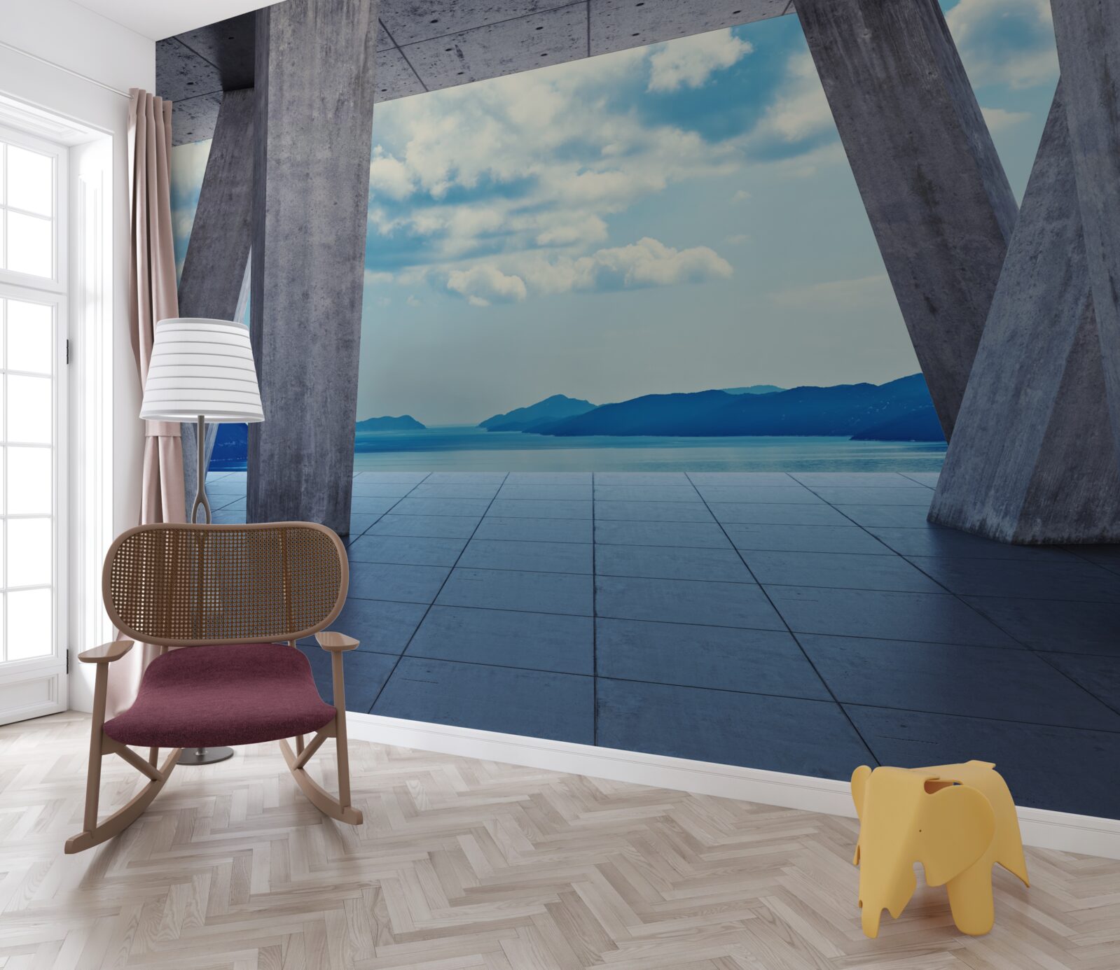 Fototapet Arce din beton, care deschid o panoramă de munți și cer