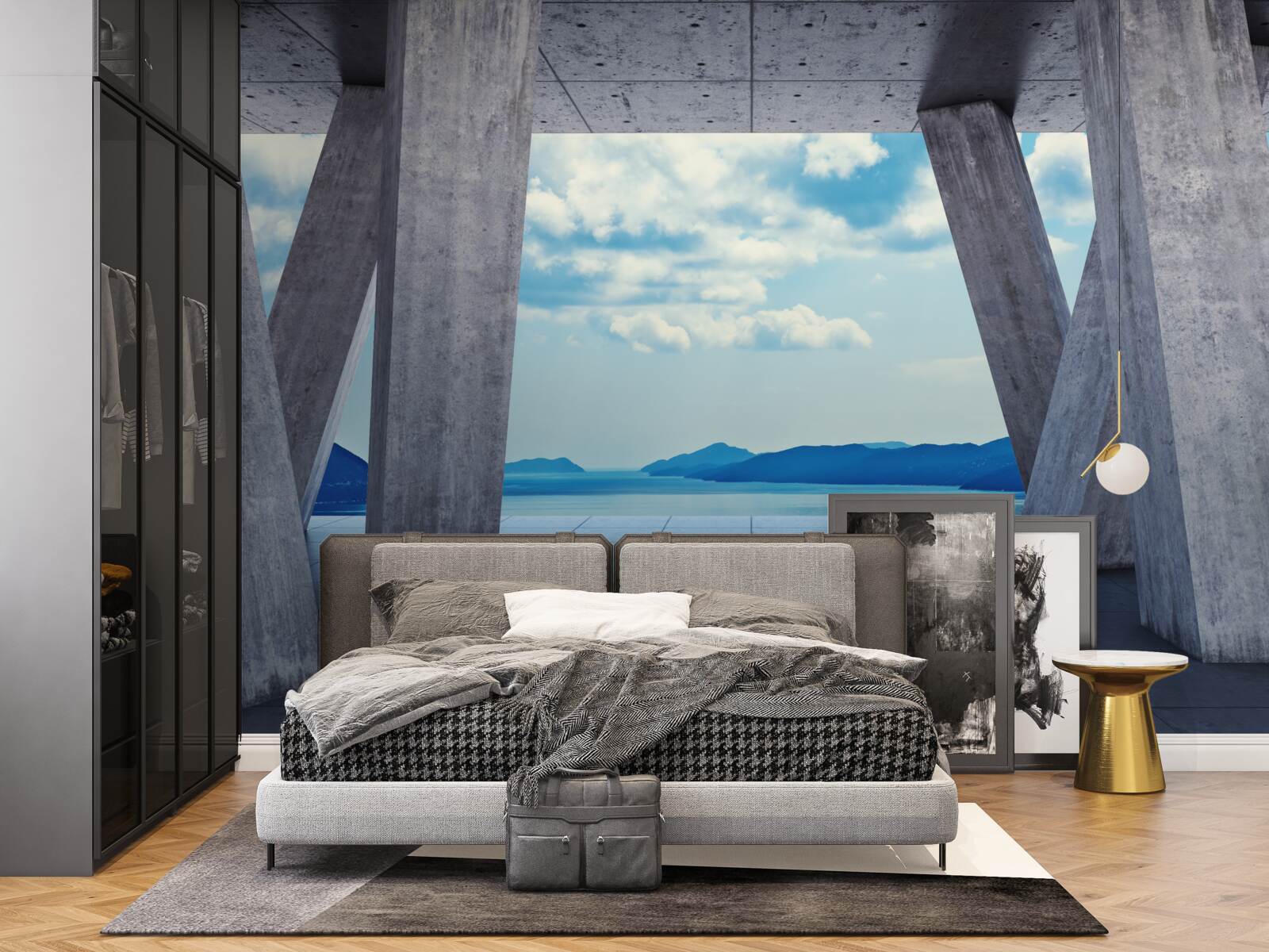 Fototapet Arce din beton, care deschid o panoramă de munți și cer