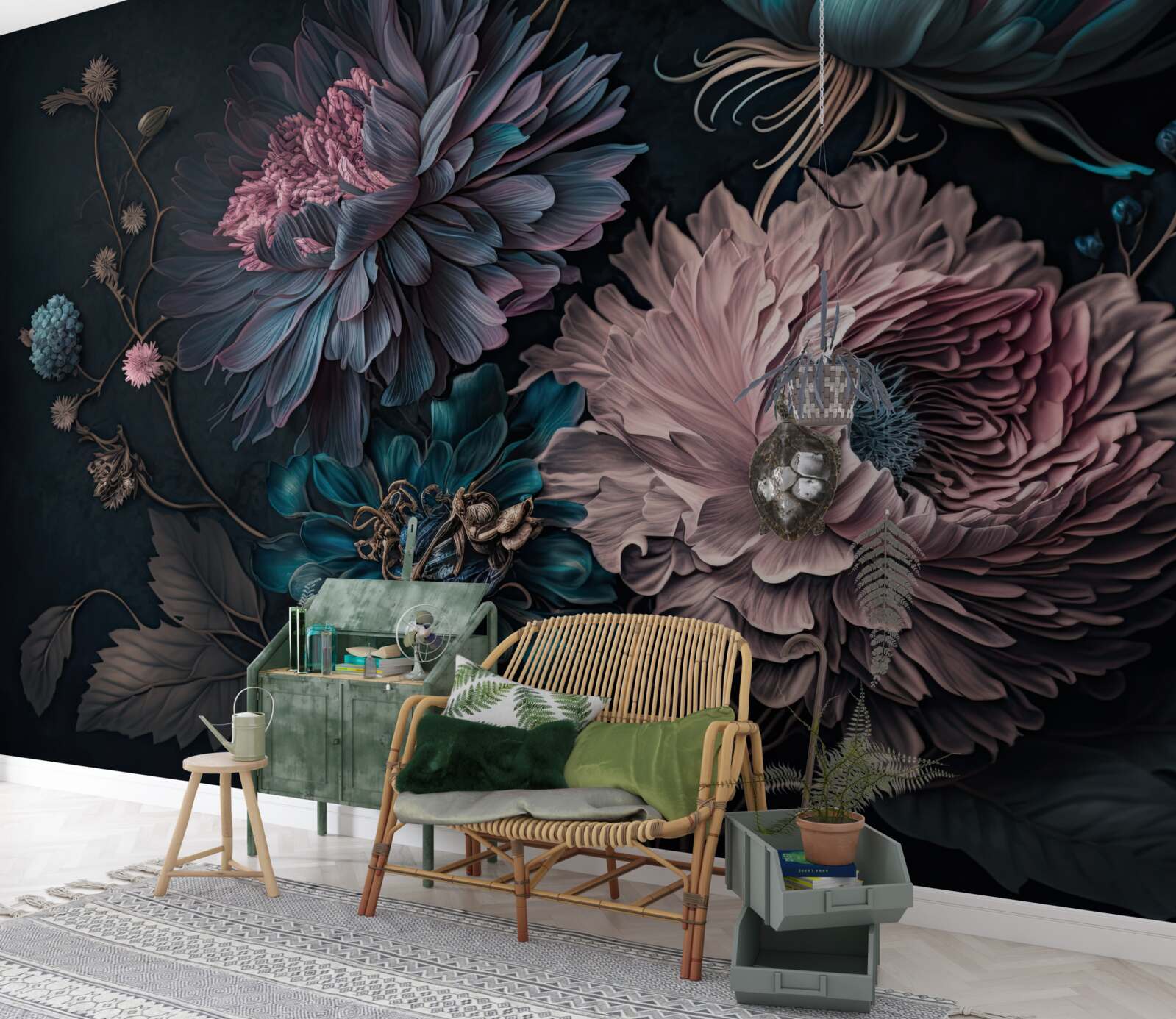 Fototapet flori tropicale care înfloresc pe un fundal întunecat