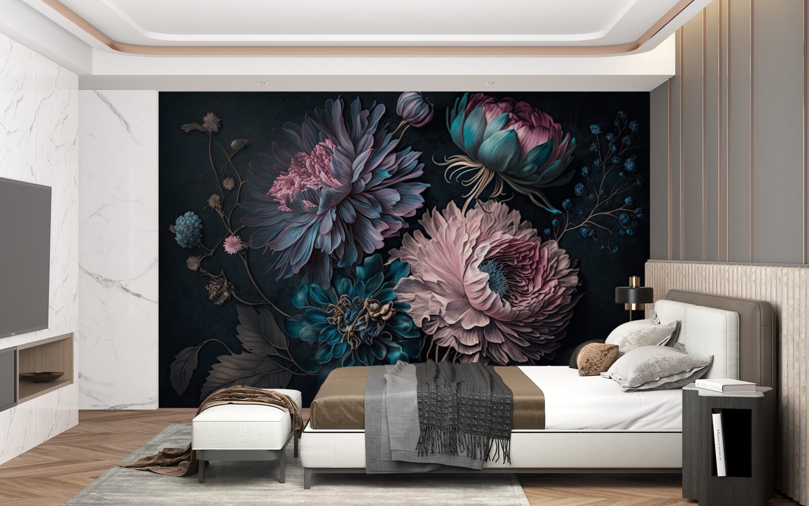 Fototapet flori tropicale care înfloresc pe un fundal întunecat