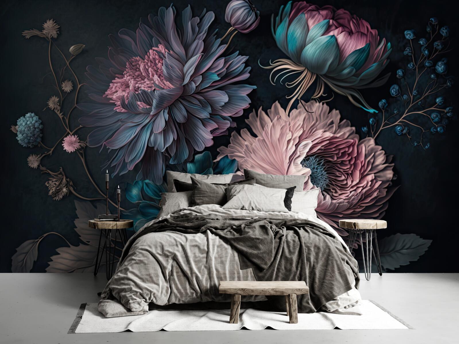 Fototapet flori tropicale care înfloresc pe un fundal întunecat