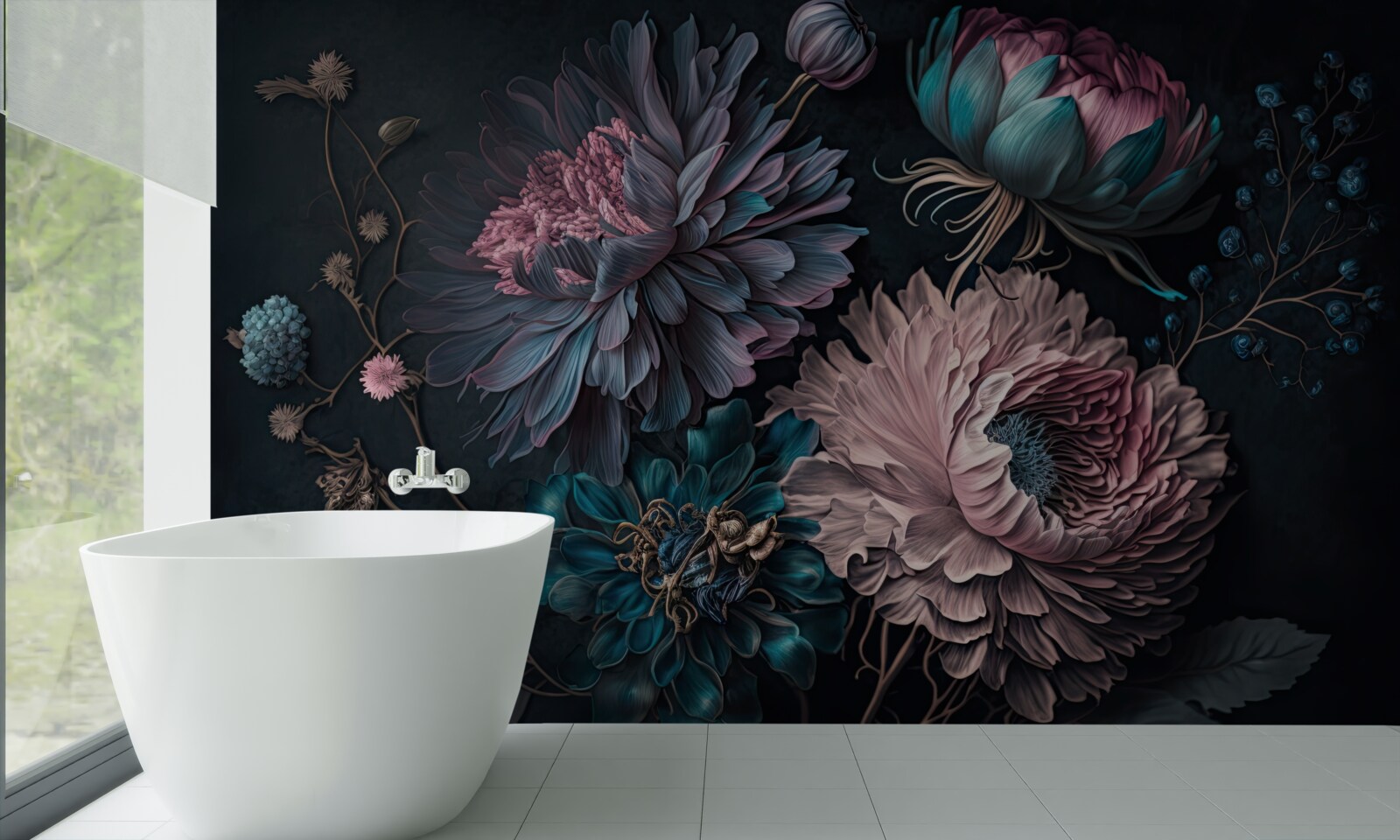 Fototapet flori tropicale care înfloresc pe un fundal întunecat