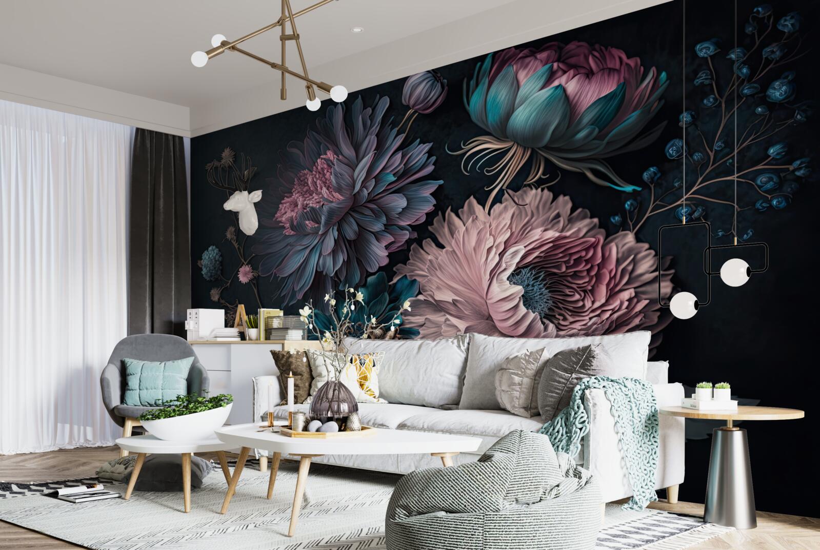 Fototapet flori tropicale care înfloresc pe un fundal întunecat