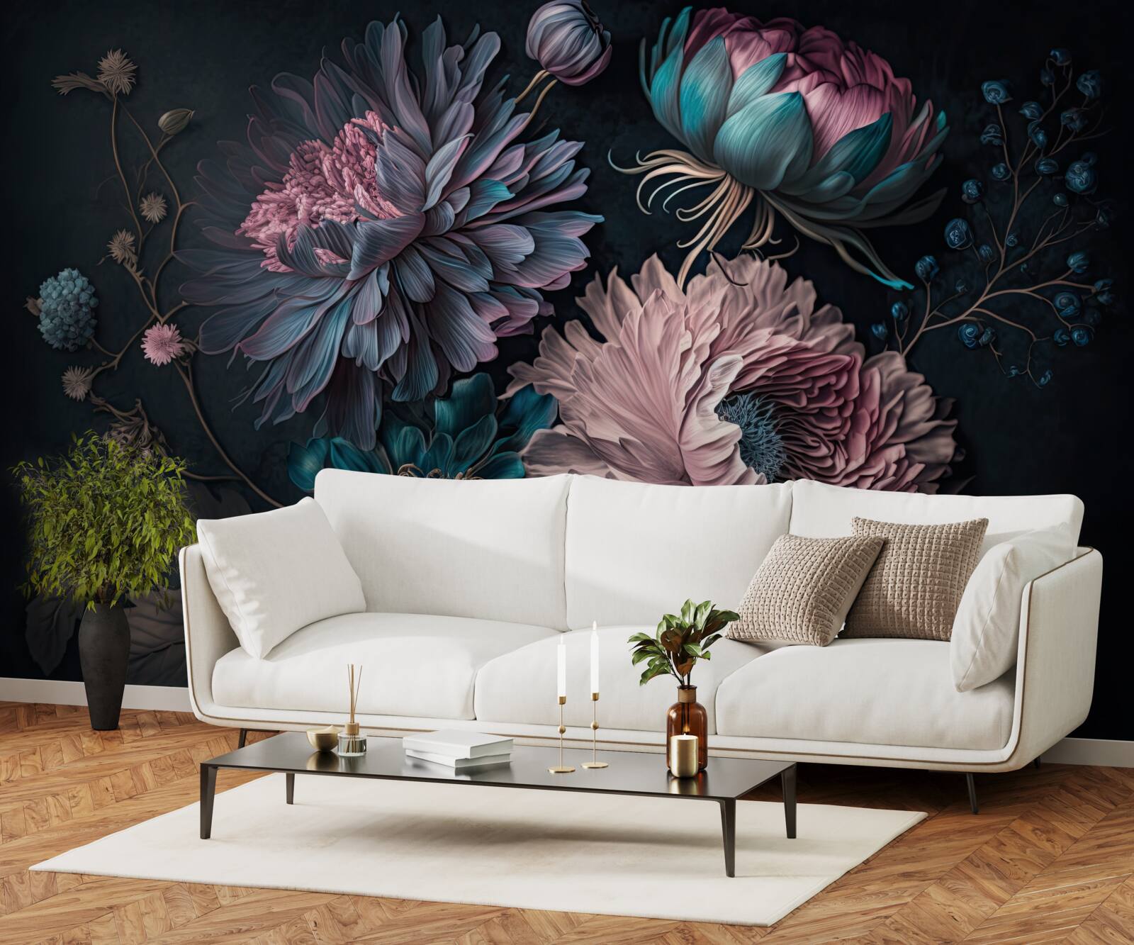 Fototapet flori tropicale care înfloresc pe un fundal întunecat