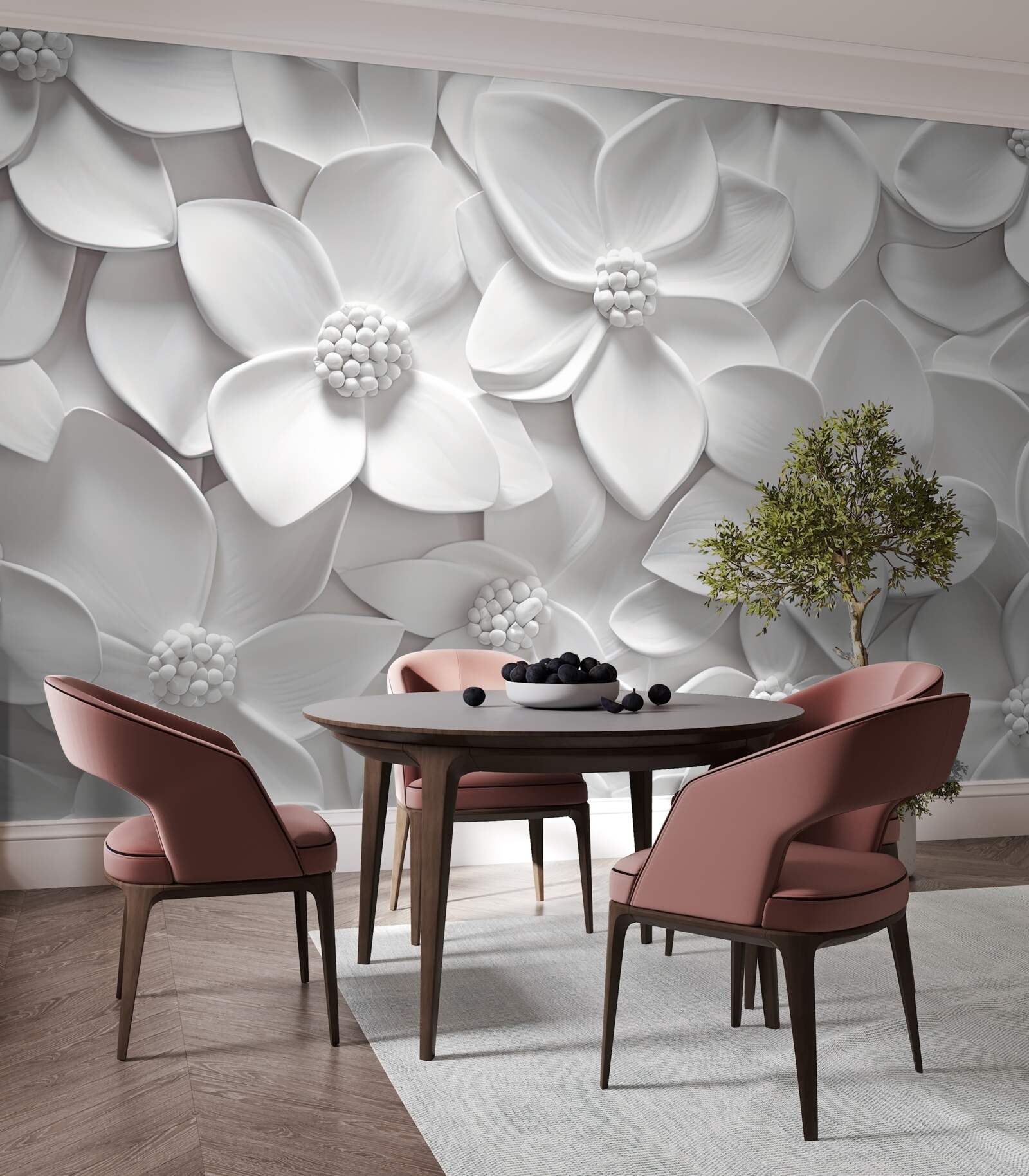 Fototapet flori albe combinate în basorelief