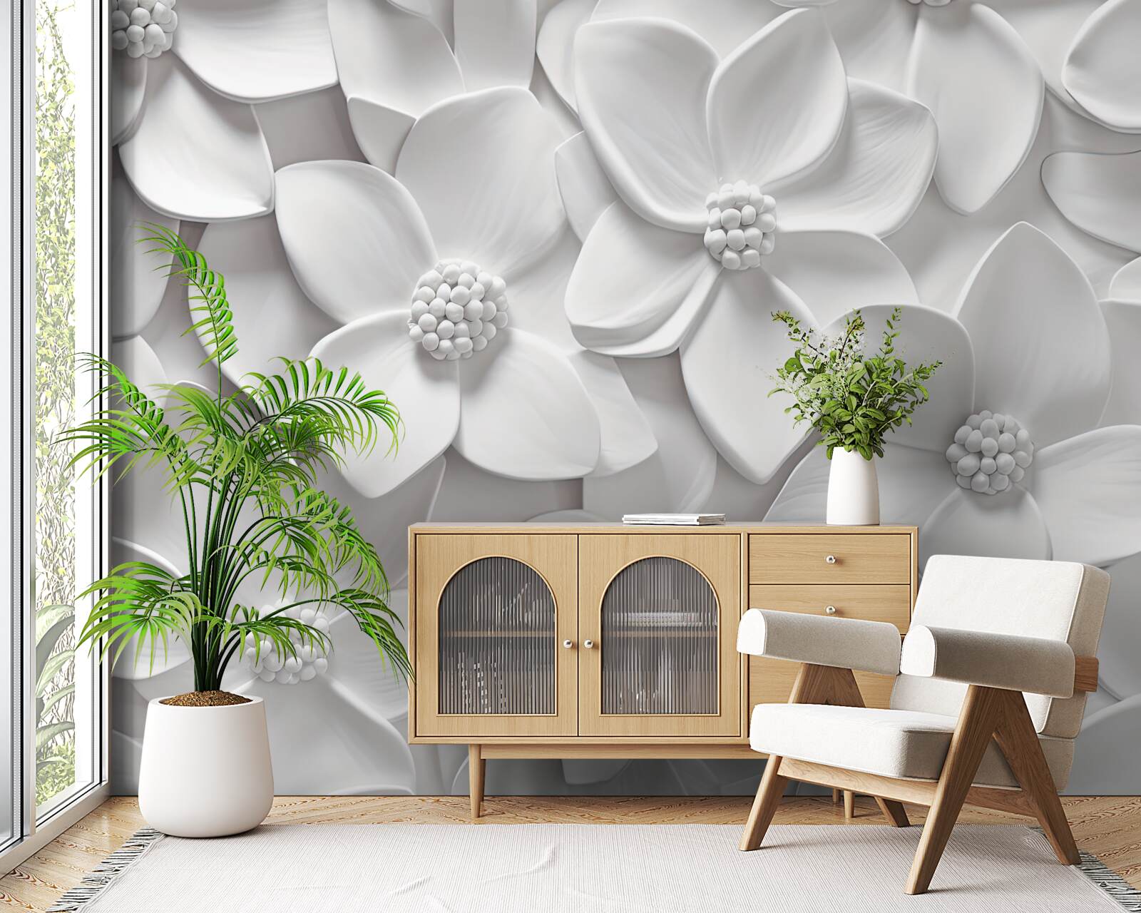 Fototapet flori albe combinate în basorelief