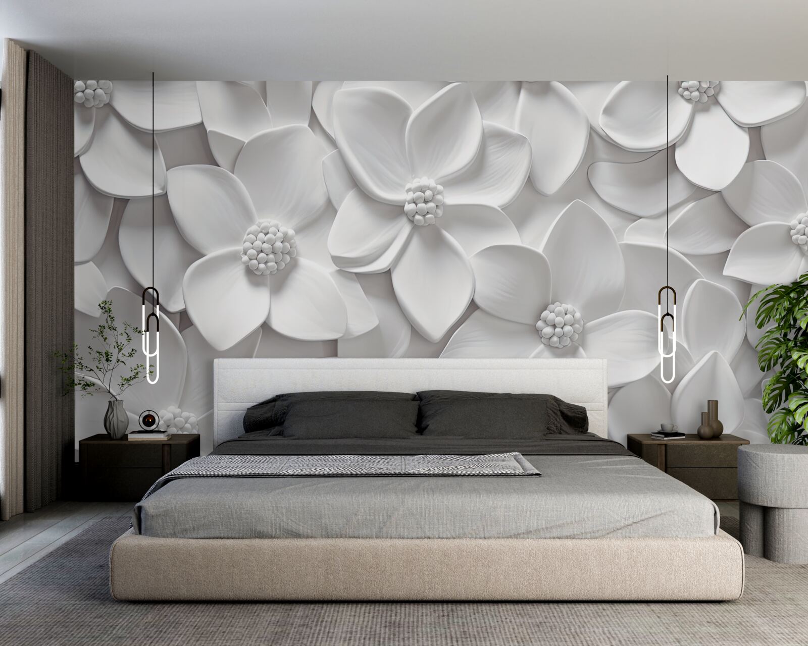 Fototapet flori albe combinate în basorelief
