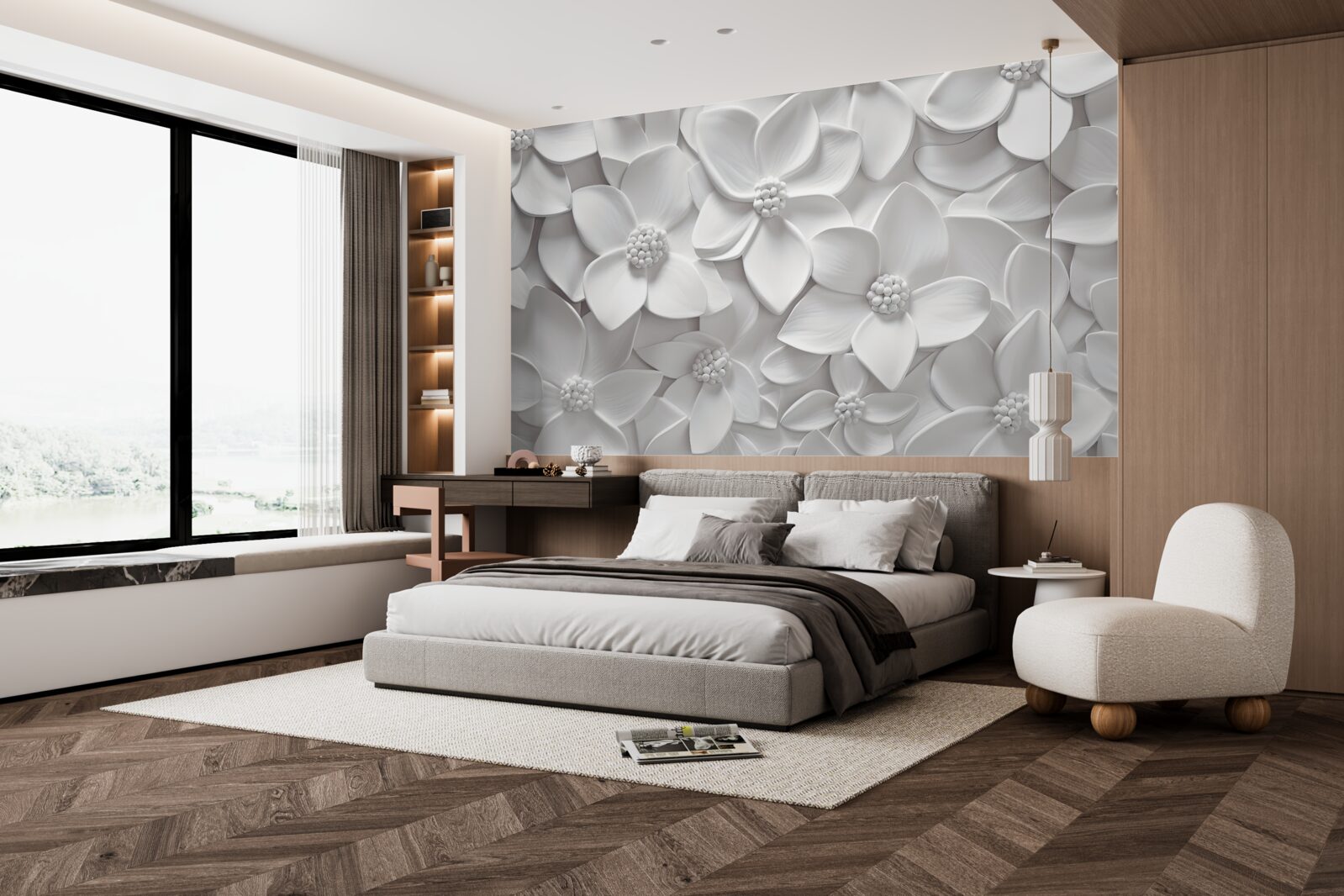 Fototapet flori albe combinate în basorelief