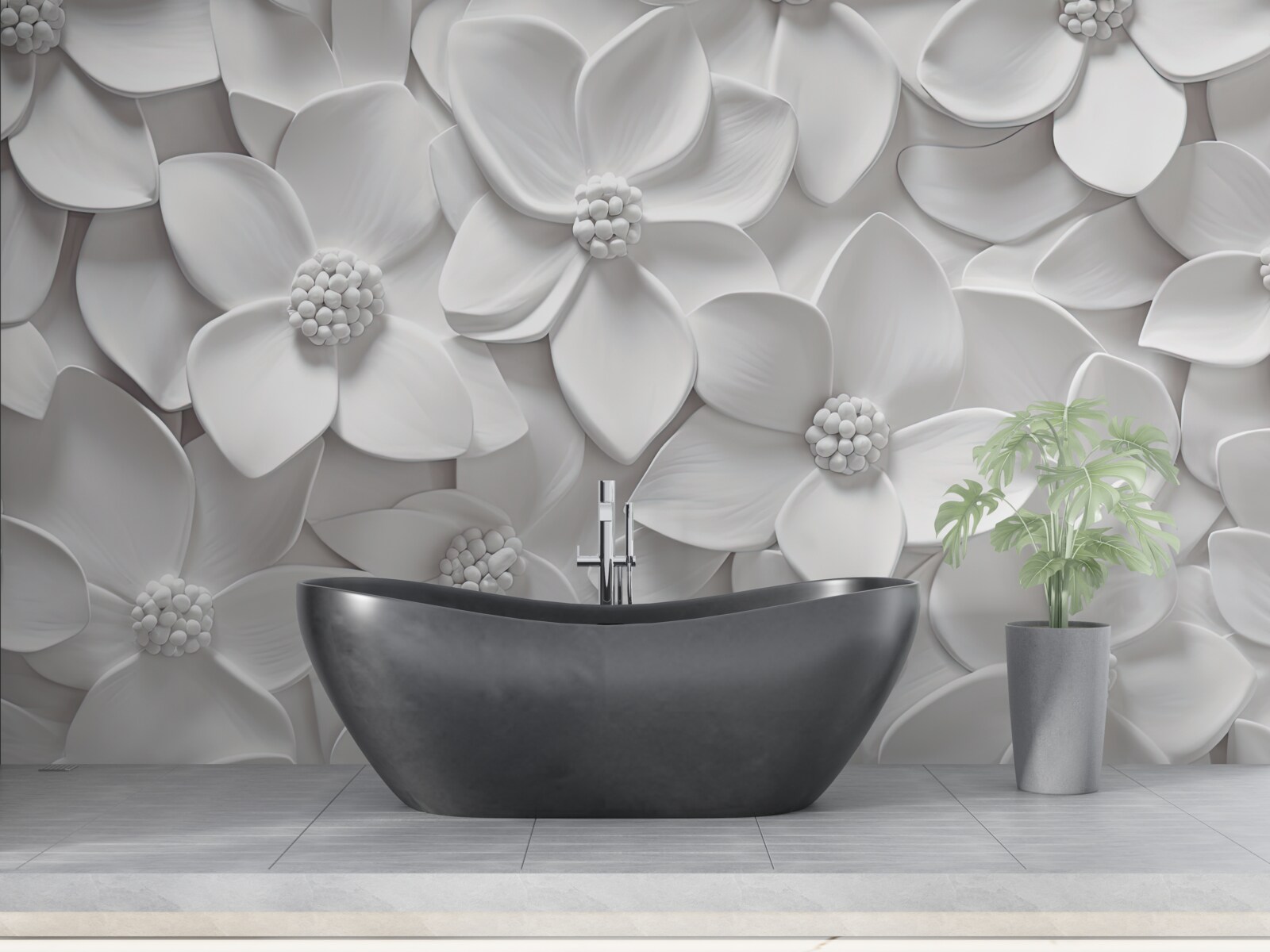 Fototapet flori albe combinate în basorelief