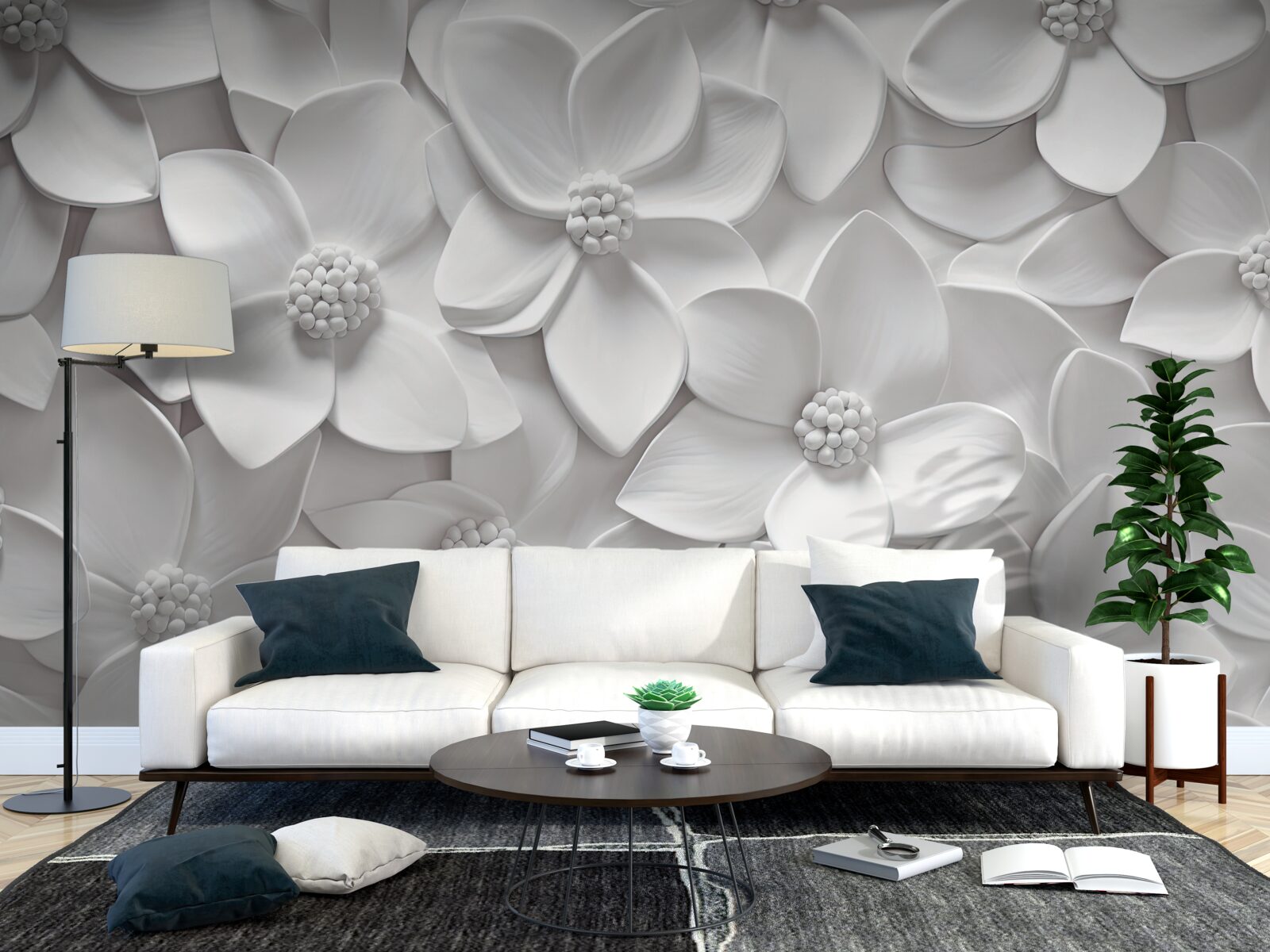 Fototapet flori albe combinate în basorelief