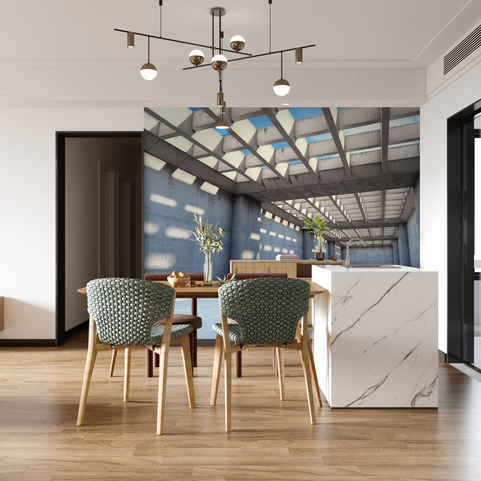 Fototapet hol inundat de lumină cu tavan din lemn transparent