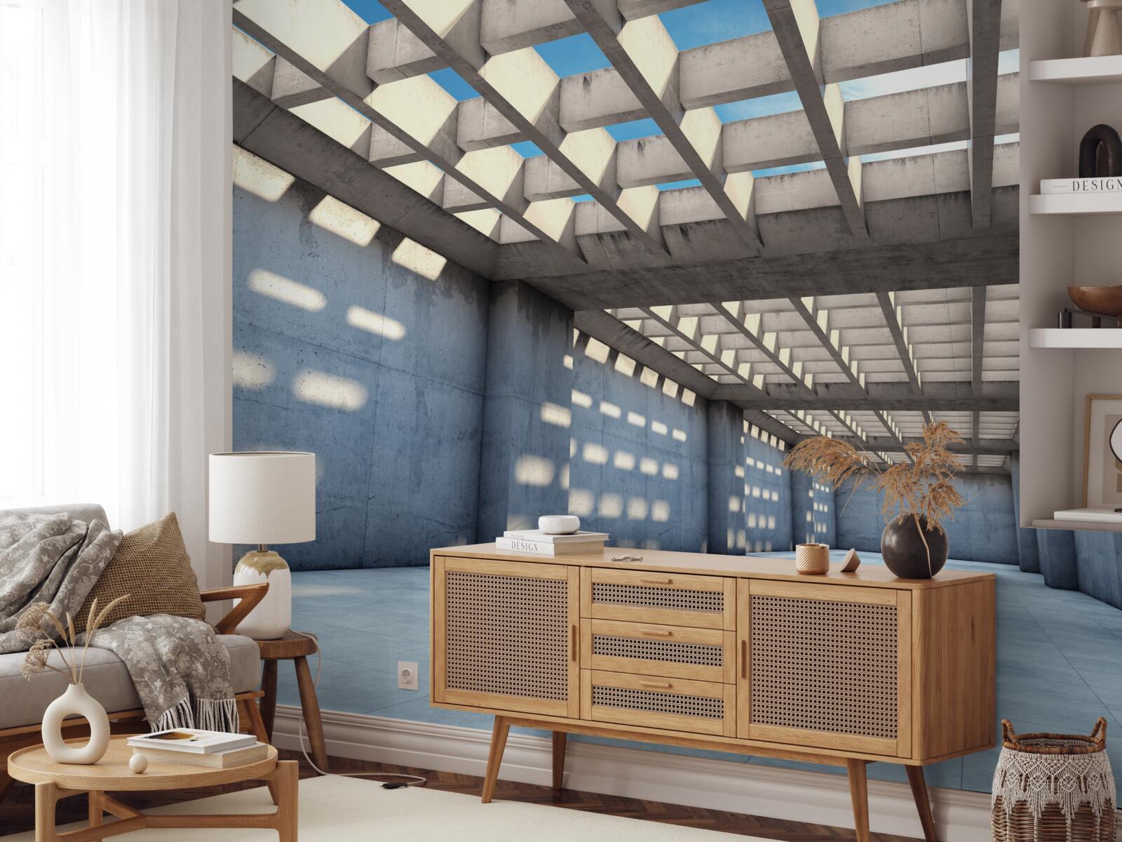 Fototapet hol inundat de lumină cu tavan din lemn transparent