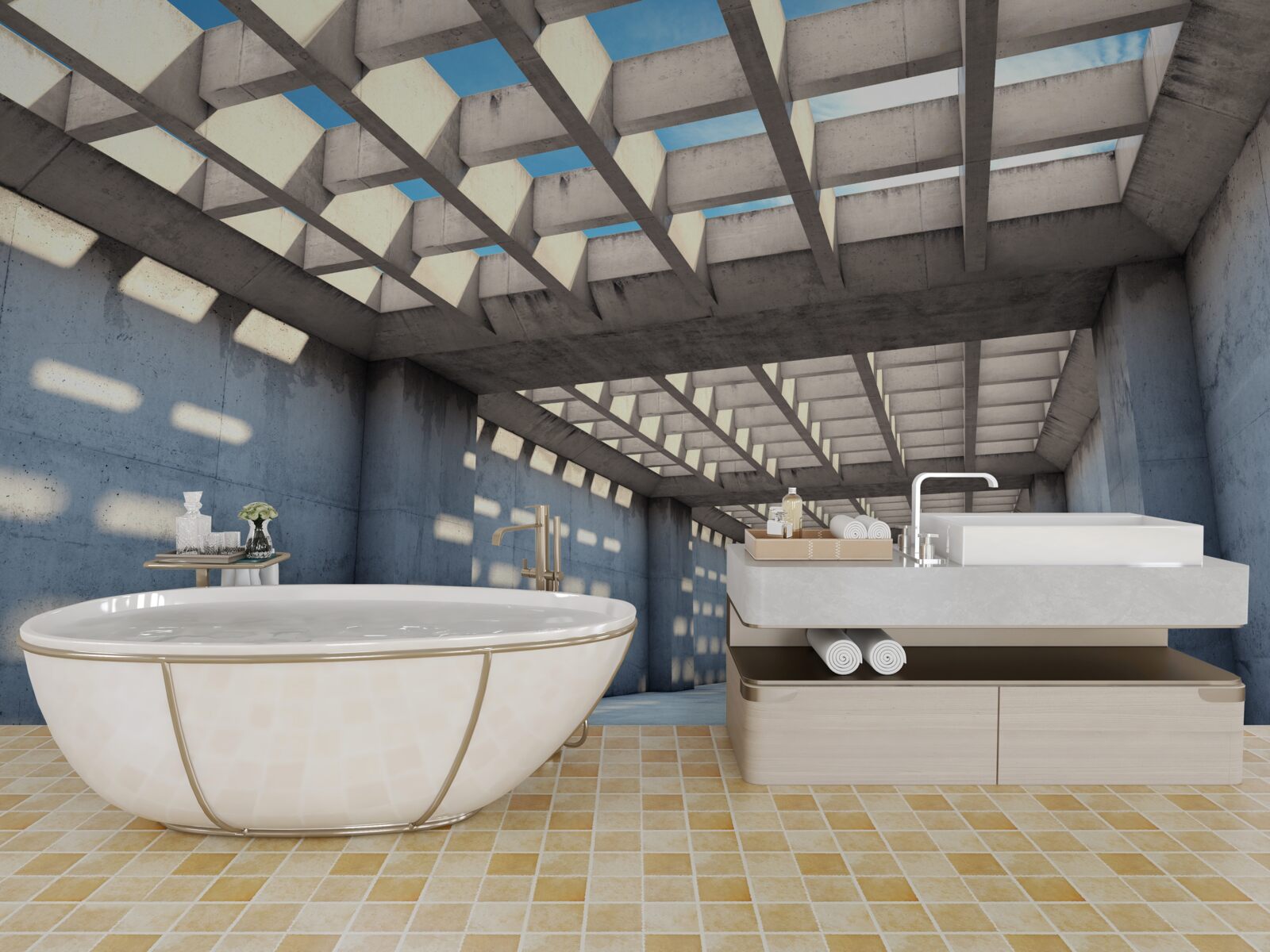 Fototapet hol inundat de lumină cu tavan din lemn transparent