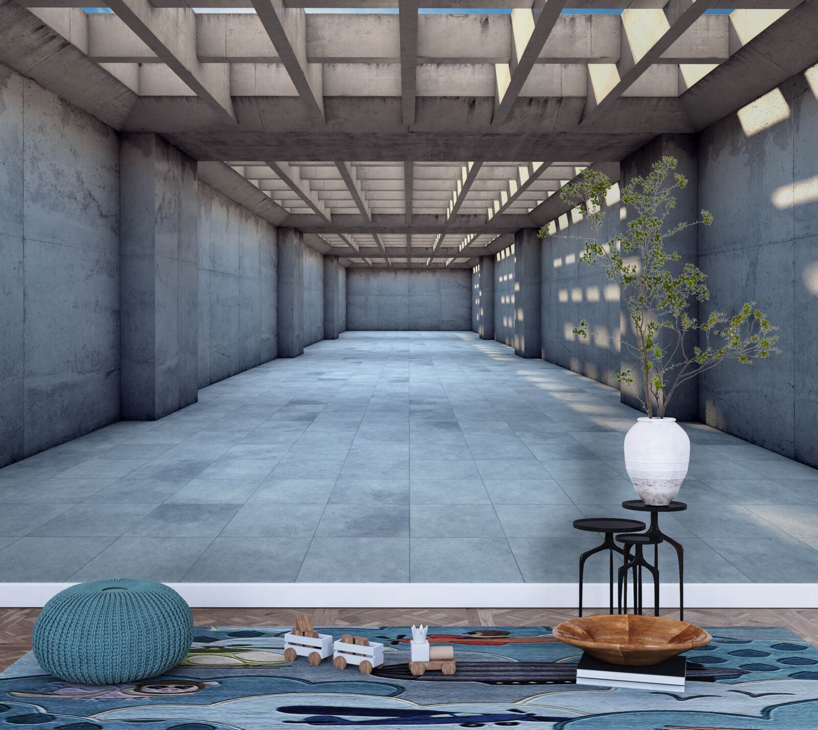 Fototapet coridor bine luminat, cu tavan acoperit cu o grilă de lemn