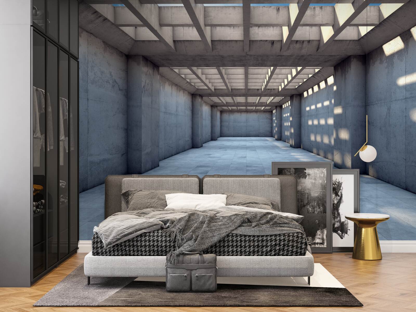 Fototapet coridor bine luminat, cu tavan acoperit cu o grilă de lemn