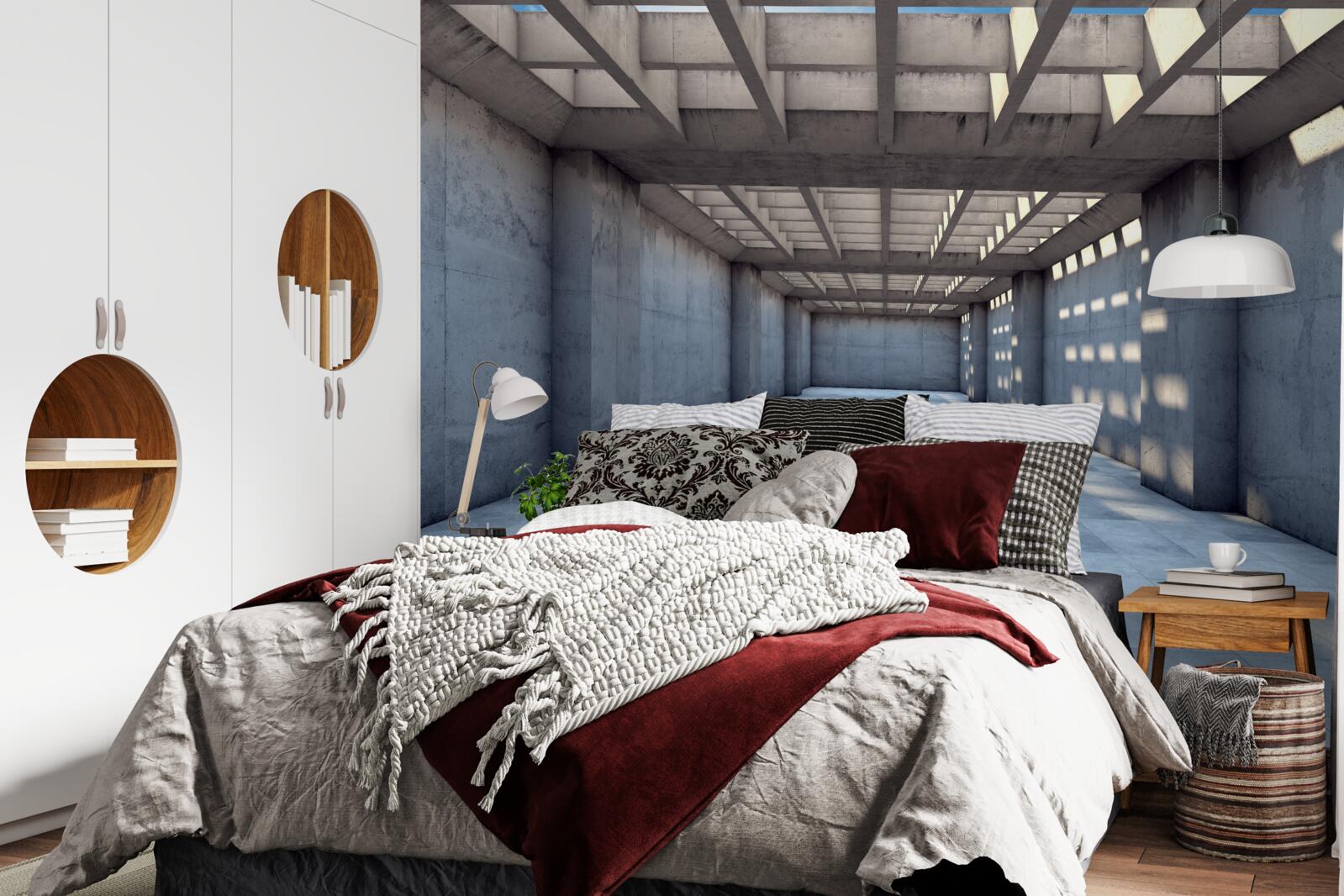 Fototapet coridor bine luminat, cu tavan acoperit cu o grilă de lemn