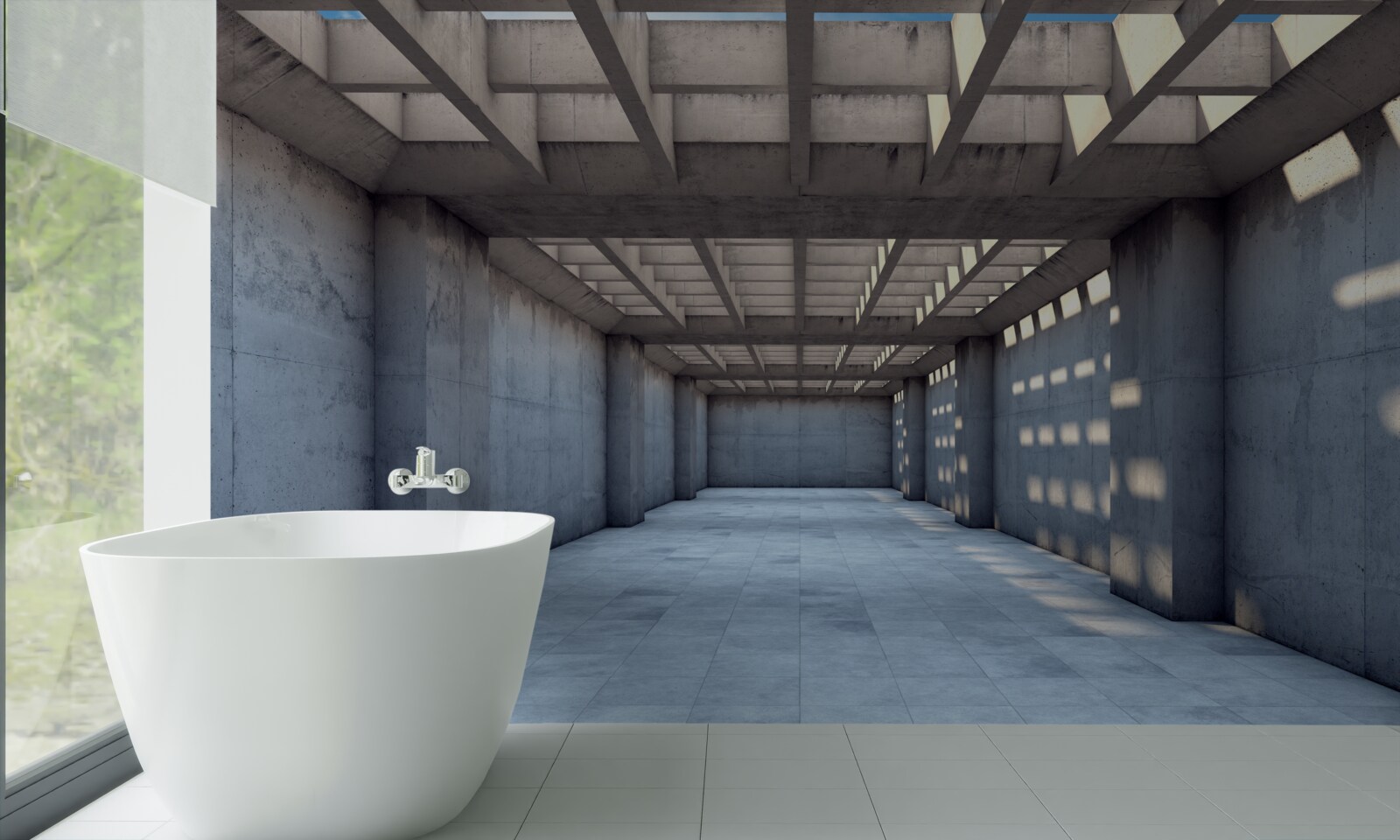 Fototapet coridor bine luminat, cu tavan acoperit cu o grilă de lemn