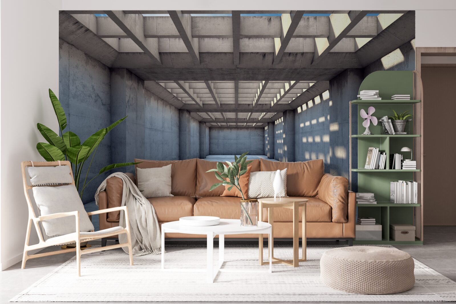 Fototapet coridor bine luminat, cu tavan acoperit cu o grilă de lemn